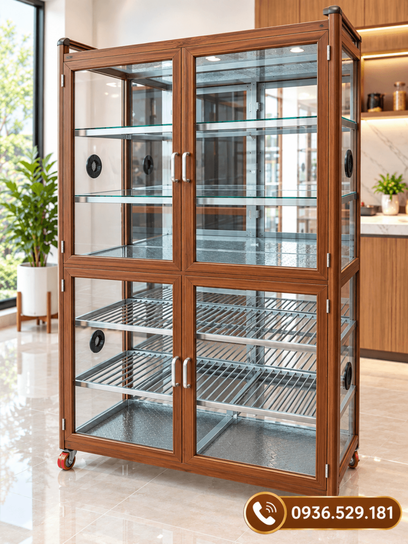 Tủ  chén bát nhôm Xingfa màu vân gỗ 