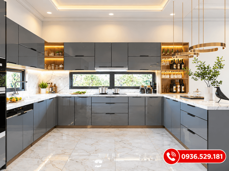 mẫu tủ bếp nhôm kính chữ U
