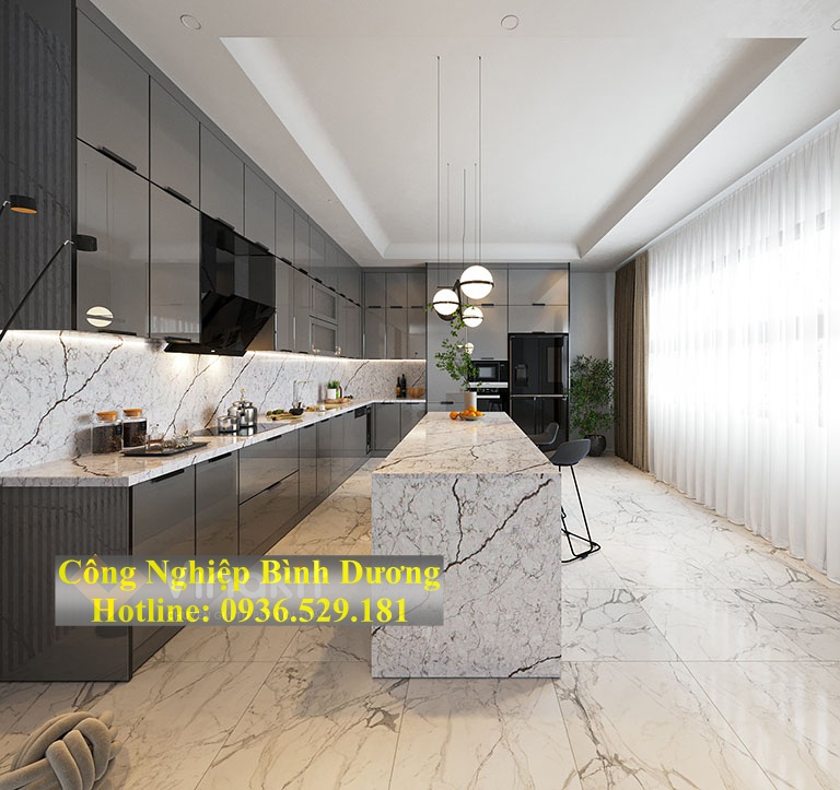 tủ bếp nhôm kính màu xám