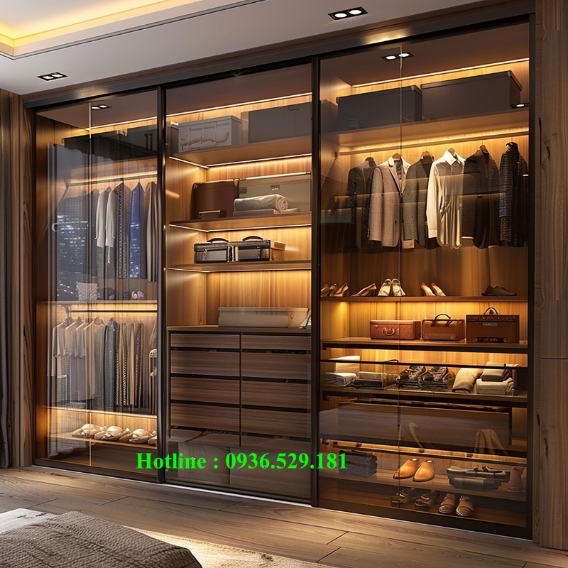 tủ quần áo nhôm kính màu trà hiện đại kính
